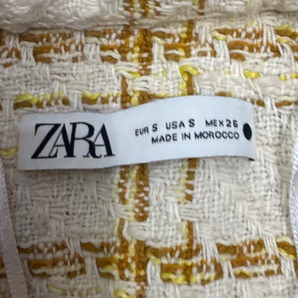 Zara Women Cream Yellow‎ Plaid Tweed Double Breasted Dress Gold Buttons Small - Image 3