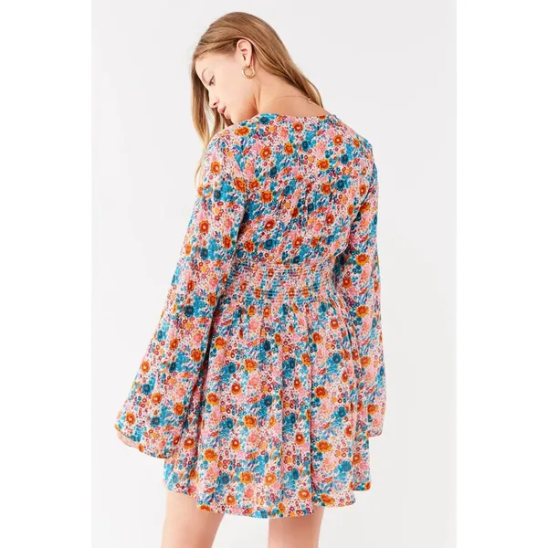 Urban Outfitters Floral Elise Smocked-Waist Mini Dress Size Large - Image 4
