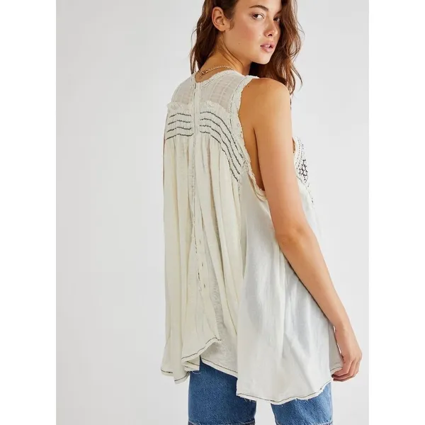 Free People Sea Breeze Tunic Top Ivory Cotton Embroidered Sleeveless S Gauze NWT - Image 4