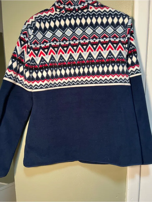 Talbots Women's Size Medium Fair Isle‎ Polar Fleece Jacket Navy Blue Full Zip - Image 9