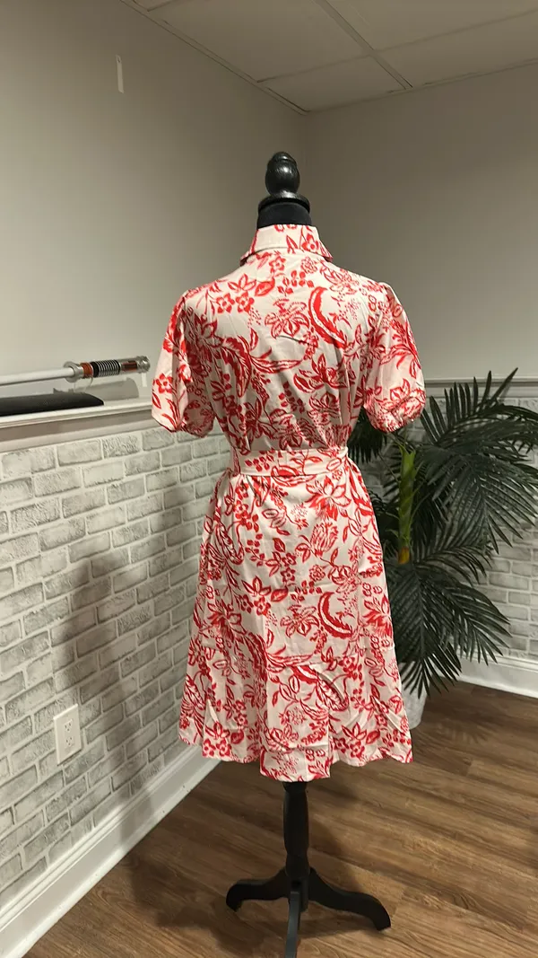 Red And Cream Floral Shirt Dress With Belt (M) - Image 2
