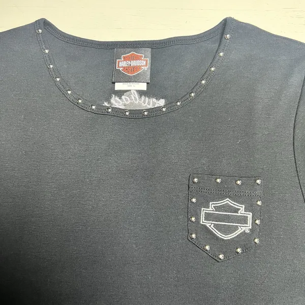 Harley-Davidson Womens Black‎ Studded Pocket Tee Cowboy H-D Beaumont Texas Large - Image 3