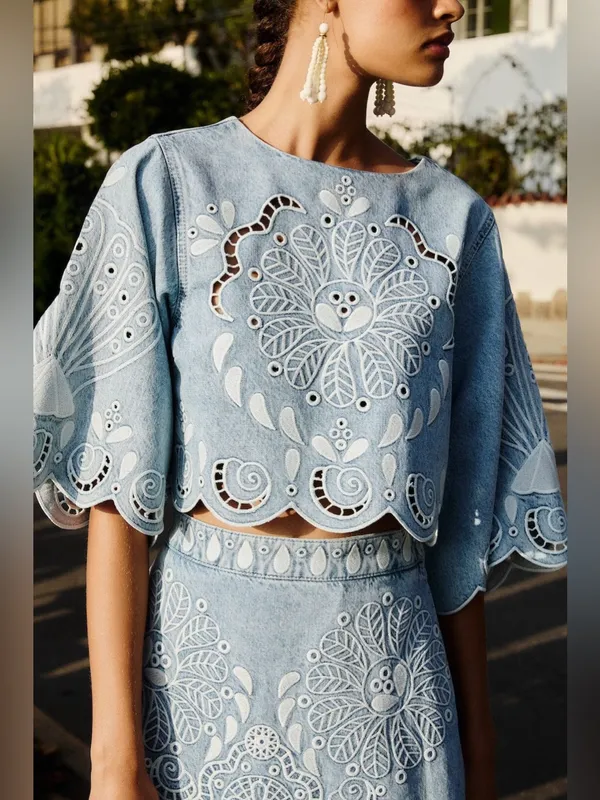 Farm Rio Denim Richelieu Kimono Sleeves Cropped Blouse M - Image 6