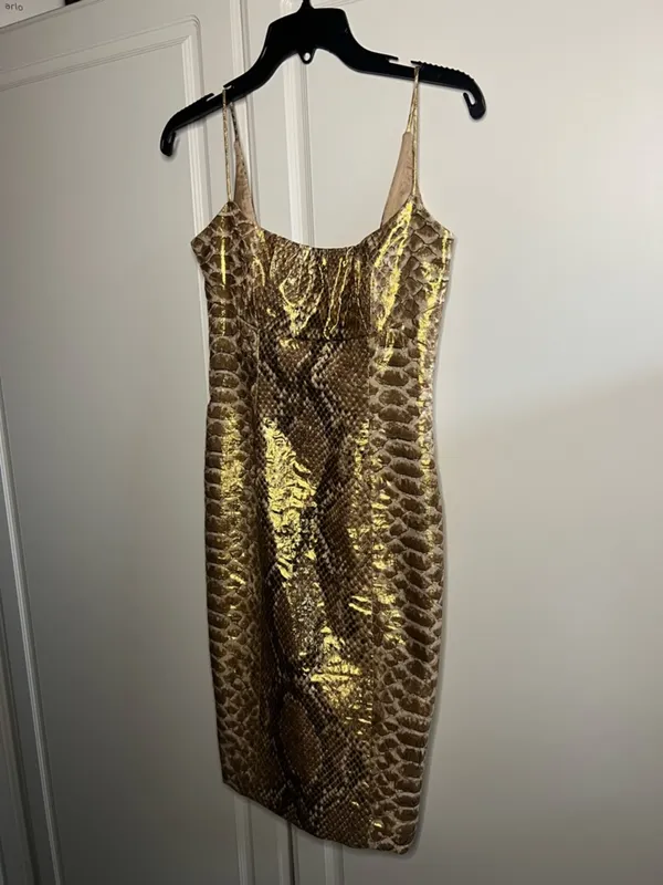 Vintage Y2K Tracy Reese Silk Gold Metallic Snakeskin Mini Party Dress - Image 3
