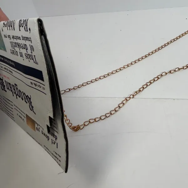 Befet Bay Newspaper Print‎ Envelope Clutch Crossbody Bag Gold Chain White Black - Image 10