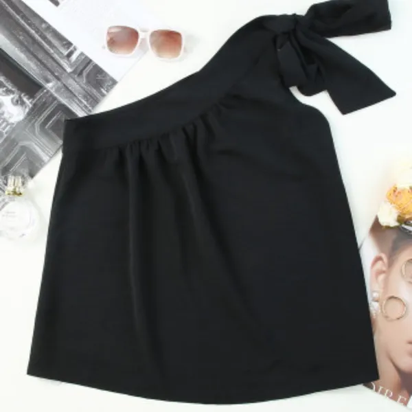 NEW Black Asymmetric One Shoulder Tied with Bow Sash Pleated Blouse L - Image 6