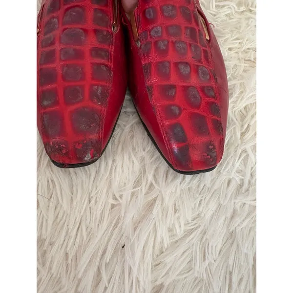 Red Leather Loafers Women's Croc‎ Embossed Square Toe Slip On Dress Shoes - Image 5