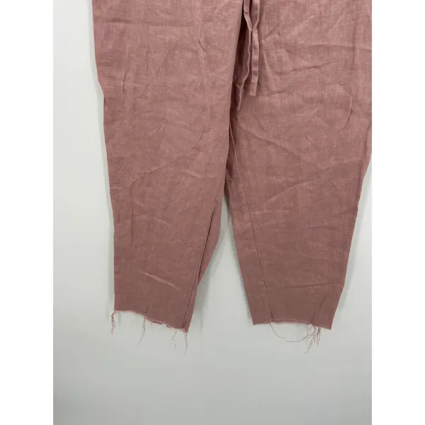 Pink 100% Linen Pull On Ankle Pants Women Medium Raw Hem Drawstring Coastal Boho - Image 3