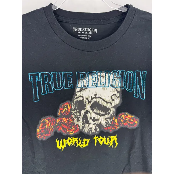True Religion‎ Womens World Tour Skull BF Tee Black Crystal Graphic T-Shirt M-L - Image 2