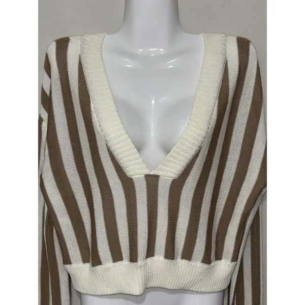 Honey Belle Sweater Womens Med Crop Top Tight Knit Brown & Ivory - Image 5