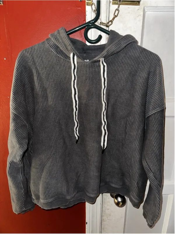 Aerie Gray Ribbed Corded Hoodie Cropped Textured Pullover Cozy Lounge Gorpcore - Image 3