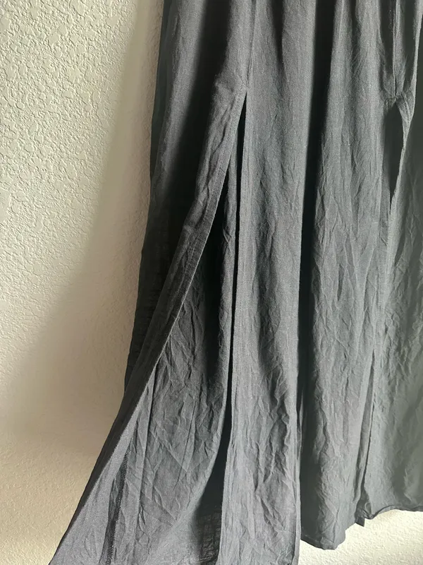 Vintage Blue Lakhays from the Himalayas Black Open Leg Full Slit Linen Pants - Image 2
