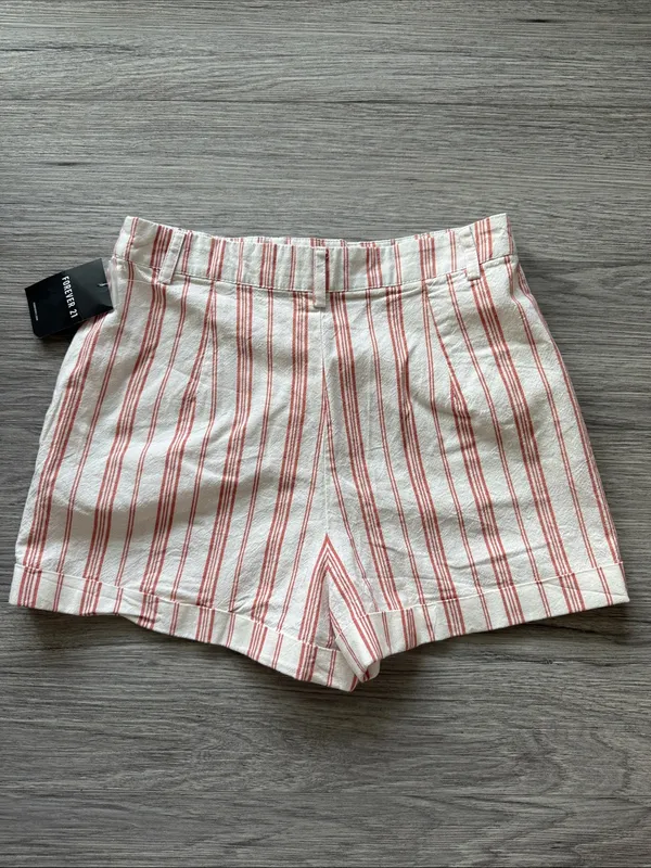 Forever 21 Striped Cotton Blend Women's Shorts in Cream with Red Stripe Size S - Image 7