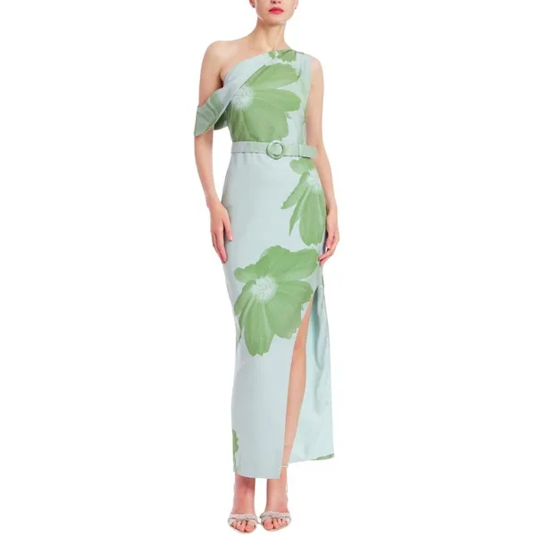 NEW Jewel by Badgley Mischka Print One Cold Shoulder Dress Gown Green / Multi 2 - Image 9