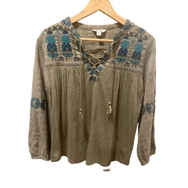 Lucky Brand Embroidered Lace-Up Peasant Blouse Boho Western Top S - Image 3