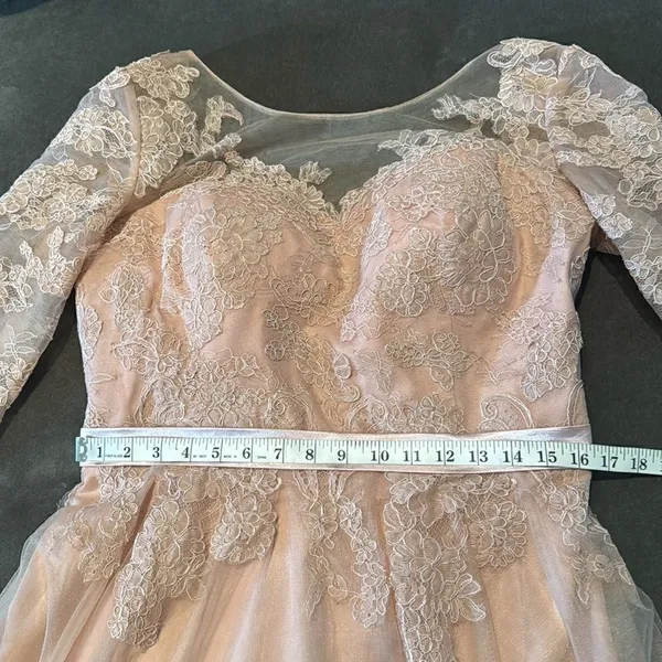 Women’s Pink Lace Appliqué Tulle Wedding Formal Prom Dress Leg Slit Size L NWOT - Image 10