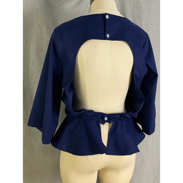Toit‎ Volant Navy Open Back Peplum Blouse Bell Sleeve Top M USA - Image 7