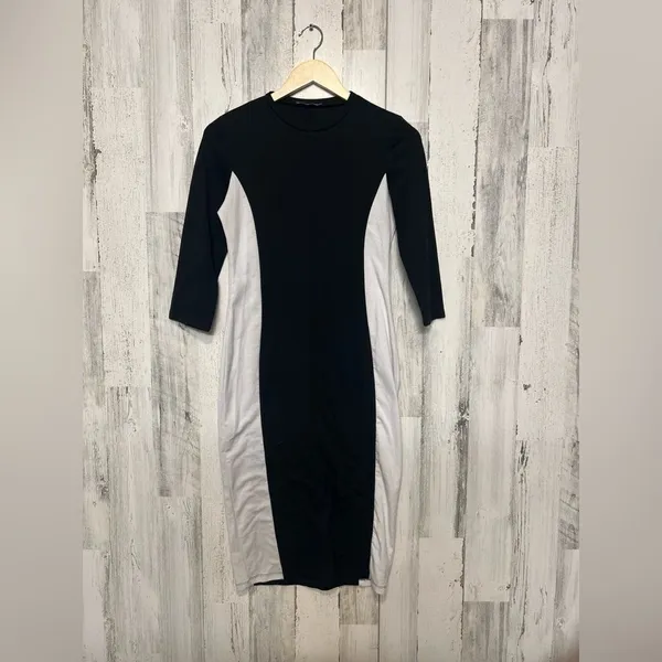 Zara Trafaluc Colorblock Bodycon Dress Black White Midi Fitted Size M - Image 4