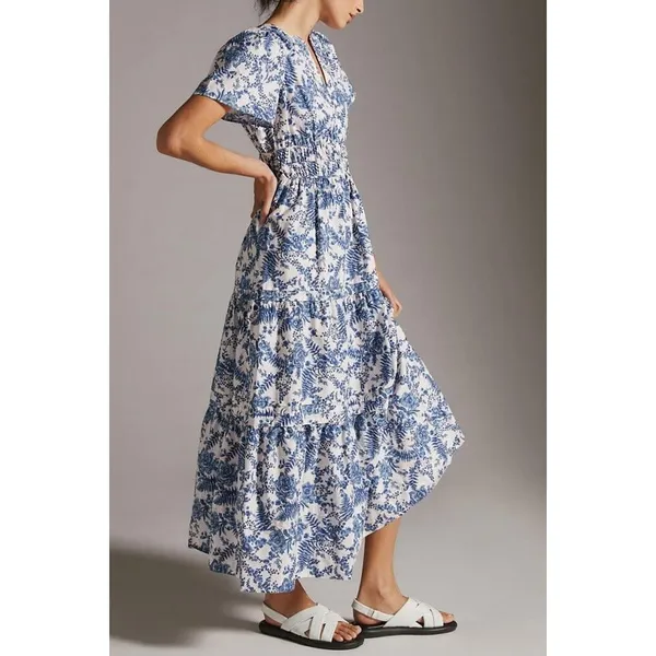 Anthropologie Somerset Maxi Dress XS Blue White Floral Tiered Smocked Waist - Image 2