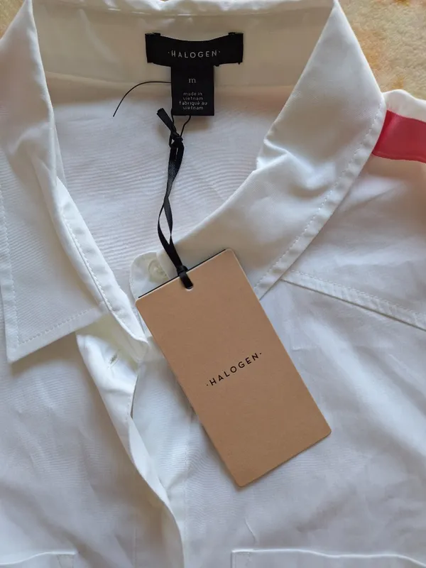 NWT Halogen Nordstrom M White Shirt Pink Satin D-Ring Utility Straps Oversized - Image 2
