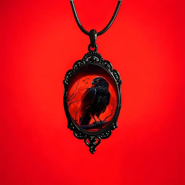 Red Moon Eagle Cameo Necklace Gothic Style Glass Pendent Choker Mystic Witch Jew - Image 4