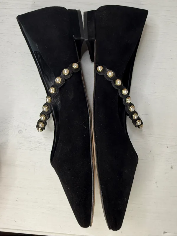 Boden Black Mary Jane Ballet Flats Pearl Strap Suede Size 37 Academia Office - Image 4