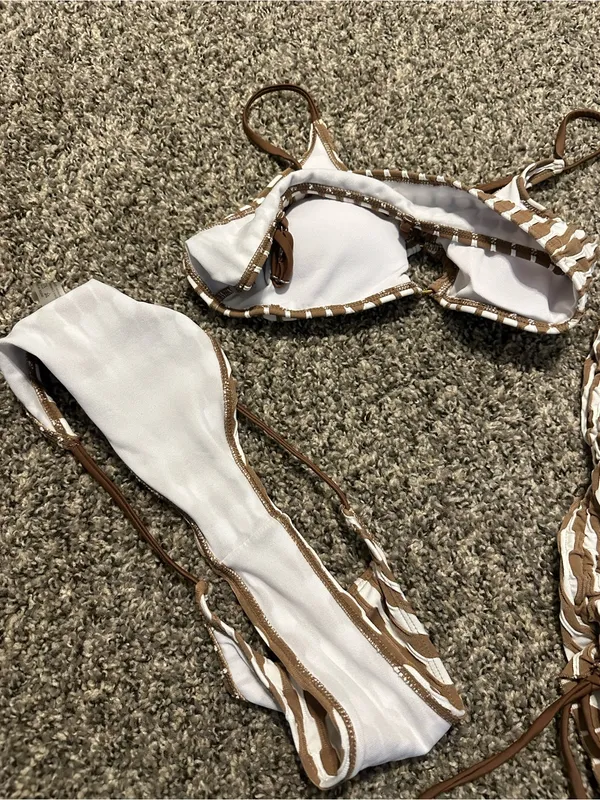 Amazon 3-Piece Brown & Cream Houndstooth Bikini Set - Image 5