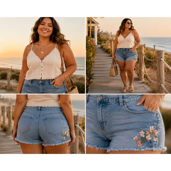 Torrid Denim Womens 18 Floral Embroidered Raw Hem Light Wash Jean Shorts Blue - Image 2