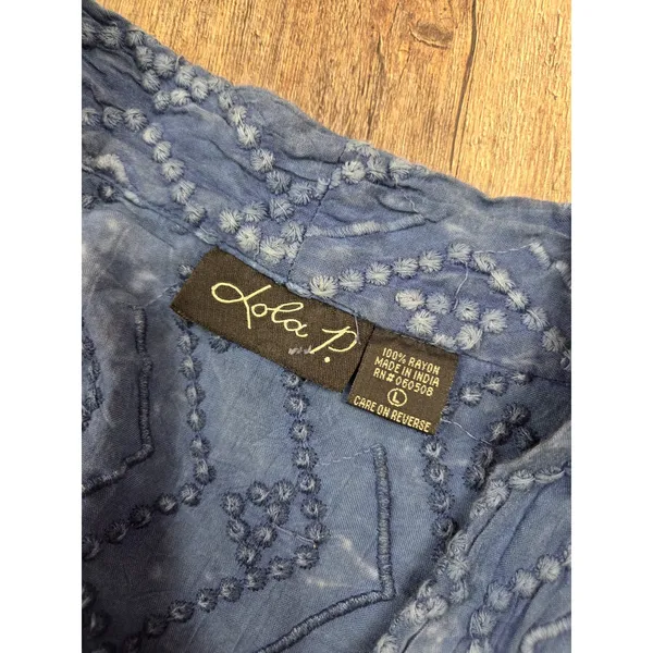 Lola P Mineral Wash Blue Rayon Cardigan Duster Made in India Size Large - Image 5