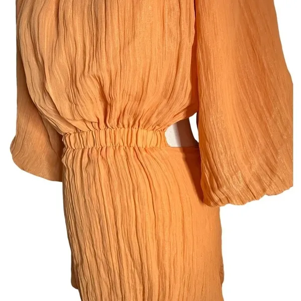 VICI Womens Open Back Balloon Sleeve Mini Dress Size S Orange Crinkle Textured - Image 5