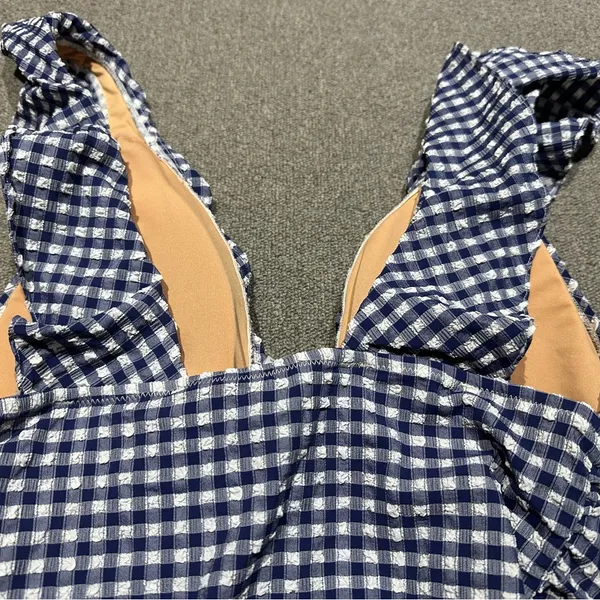 NWT J.Crew Gingham Ruched Ruffle One-Piece Swimsuit Womens Size 12 Blue White - Image 7