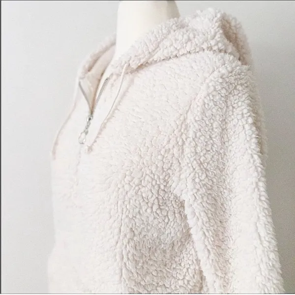 No Boundaries Cream Hooded Quarter Zip Fuzzy Sherpa Sweater Hoodie Size Medium - Image 2