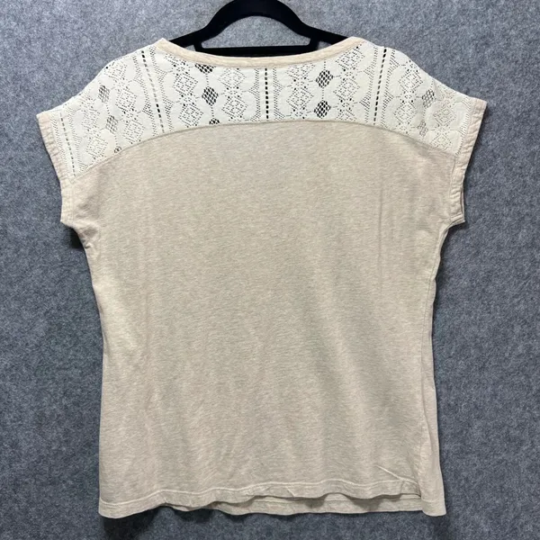Bob Timberlake Lace Shoulder V-Neck Knit Top Beige‎ Short Sleeve Tee Women's L - Image 6