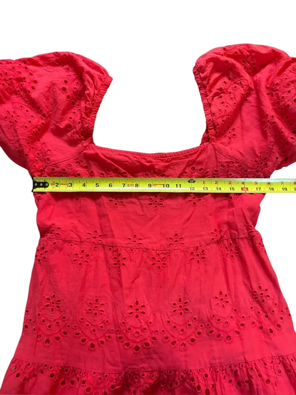 Cotton Maxi Dress Smocked Back Eyelet Puff Sleeve Coral Womens Large - Image 8