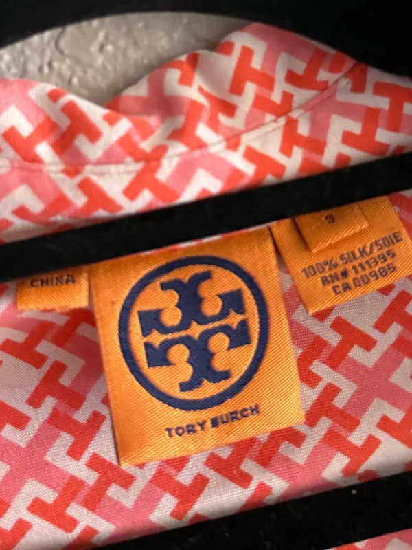 Tory Burch Silk Chain Link Geometric Button Down Blouse Coral Small Pink Career - Image 11