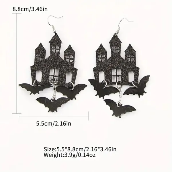 Black Gothic Halloween Theme Acrylic Drop &‎ Dangle Earrings Bat Haunted Castle - Image 5