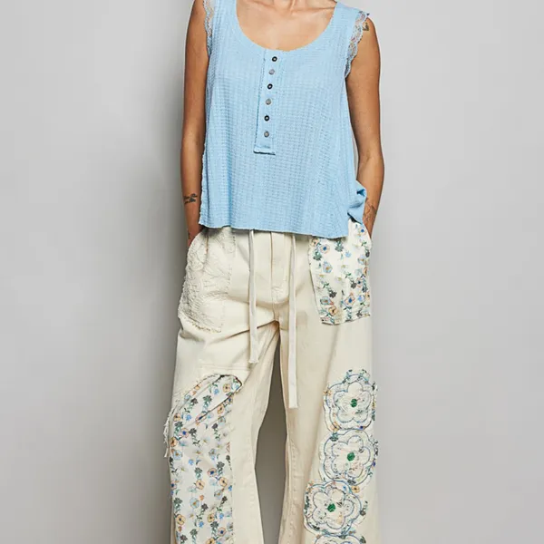 POL Textured Knit Round Neck Tank with‎ Lace Detail - Image 5