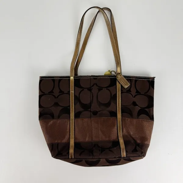 Authentic Coach Signature Jacquard Holiday Tote Chocolate Metallic Patchwork - Image 2