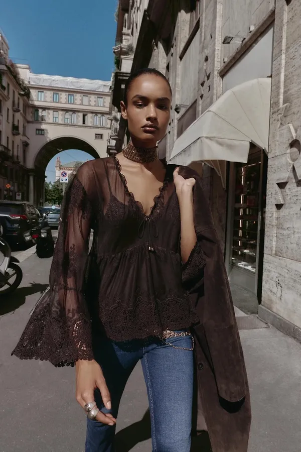 ZARA Sheer Brown Lace-Trim Peasant Bohemian Flared Sleeve Blouse Top - Image 3
