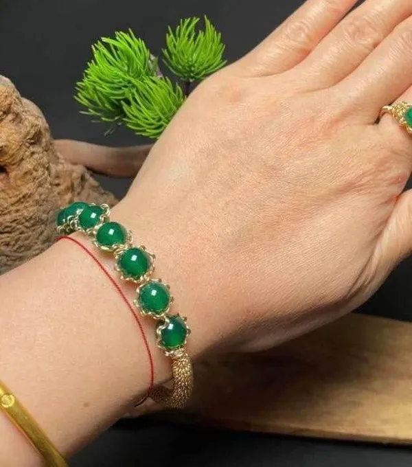18K Gold Plated Green Agate Jewelry Set,Agate Beaded Charm Bracelet,Crystal Agate Ring(2pcs/set) - Image 4