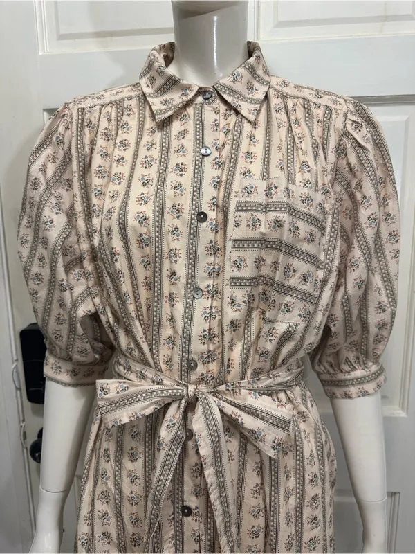 Entro Floral 100% Cotton Puff Sleeve Belted Midi Dress with Pockets Size Small - Image 4