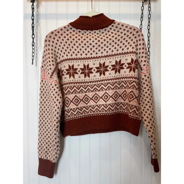 NWT American Eagle Fair Isle Mock Neck Pullover Sweater Brown Pink Womens Size S - Image 3