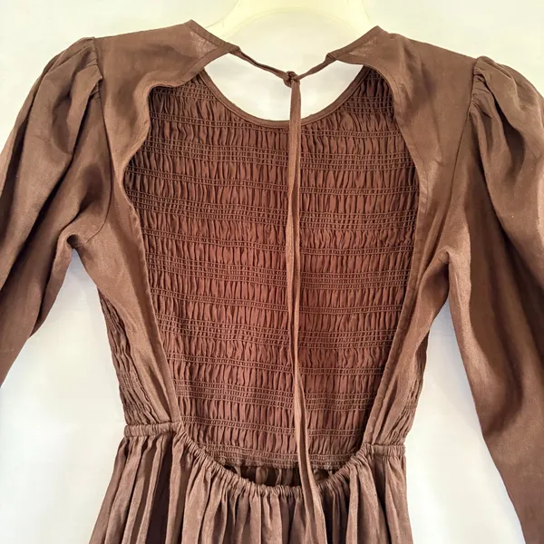 Brown Linen Maxi Dress Smocked Puff Sleeve Tiered Cottagecore DLD11313DBR - Image 4