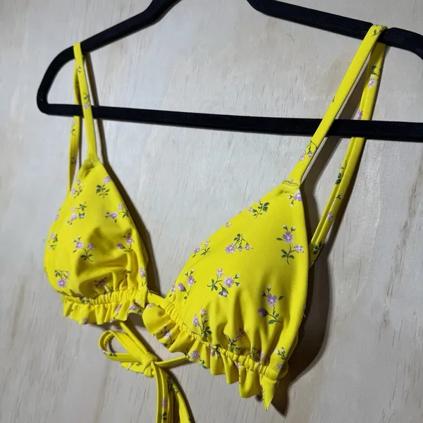 Aerie Yellow Floral Ruffle Bikini Top Triangle Swim Top‎ Women's Small - Image 2