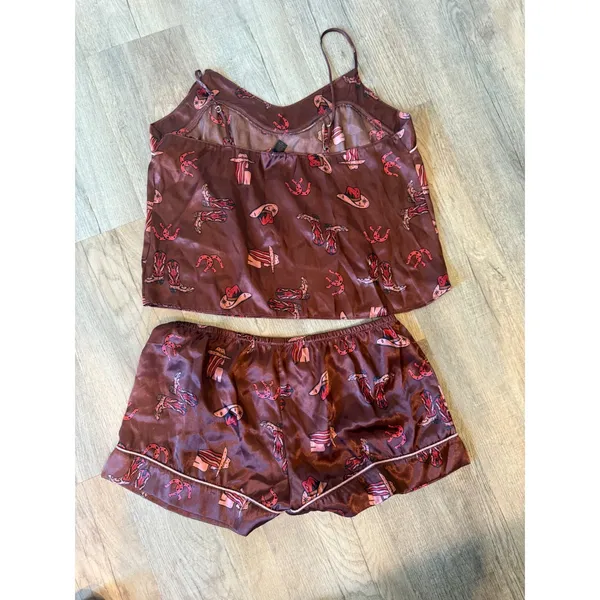 Western Cowboy Boot‎ Print Satin Pajama Set Brown Pink Two Piece Loungewear L - Image 2