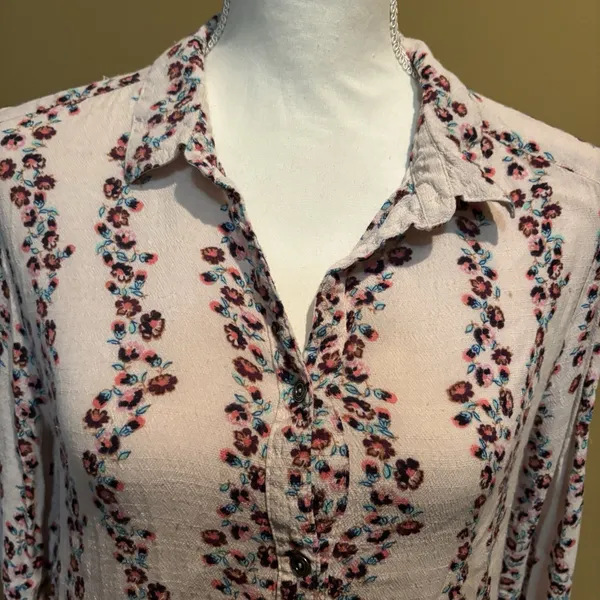 Free People Floral Button Up‎ Tunic Shirt Dress Long Sleeve Retro Boho Medium - Image 5