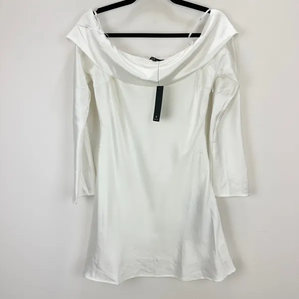 Lulus Luxurious Vision White Satin Off-the-Shoulder Mini Dress Party Medium NWT - Image 5