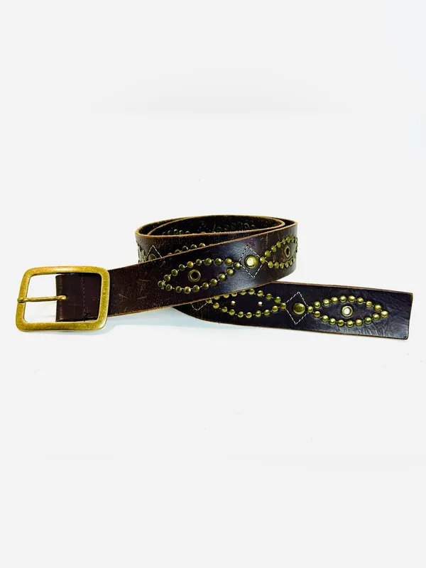 Western Brass Studded Belt, Brown Faux Leather with Studded Design - Image 3