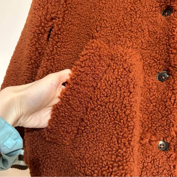 Free People Sweet Varsity Cardigan Teddy Fleece Jacket Size Medium - Image 5