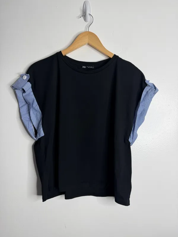Zara Black Top Blue‎ Stripe Ruffle Sleeve Statement Minimal Chic Large Preppy - Image 8